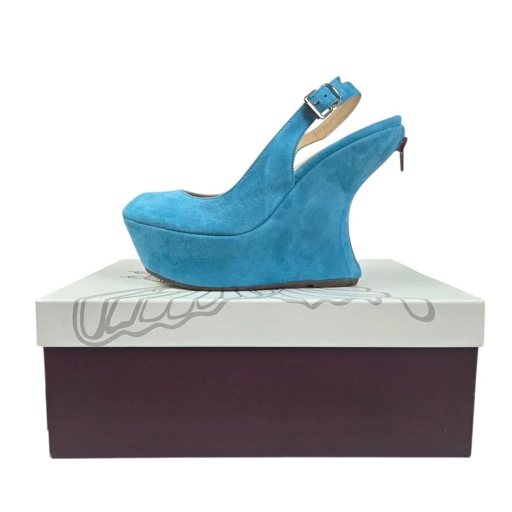 Luxury Turquoise Suede Peep-toe Platform Slingback Wedge Sandal Size 38 NIB $458